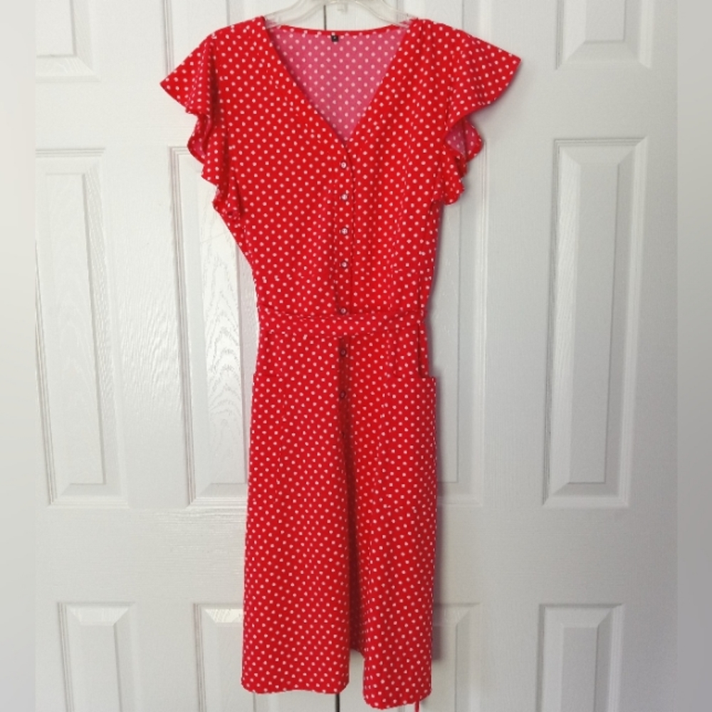 Polka Dot Dress Red A Line Button Up V Neck Midi Ties Large